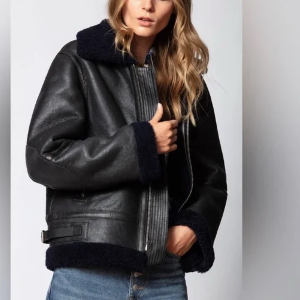 Sz34 Zadig & Voltaire Bomber Jacket Leather Shearling Oversized